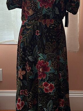 MAIA Floral Black Midi Dress with Red & Teal Blooms - NWT - Size 12